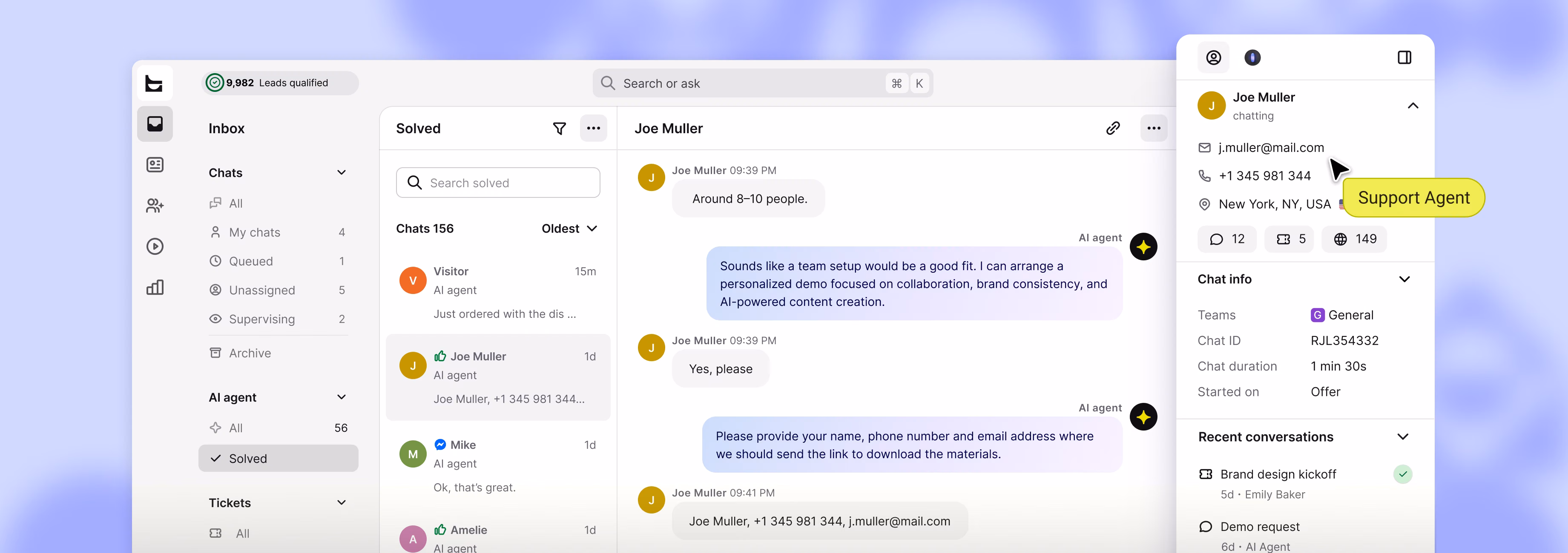 Text inbox with a solved AI Agent chat with Joe Muller and a contact details panel showing his email, phone and location