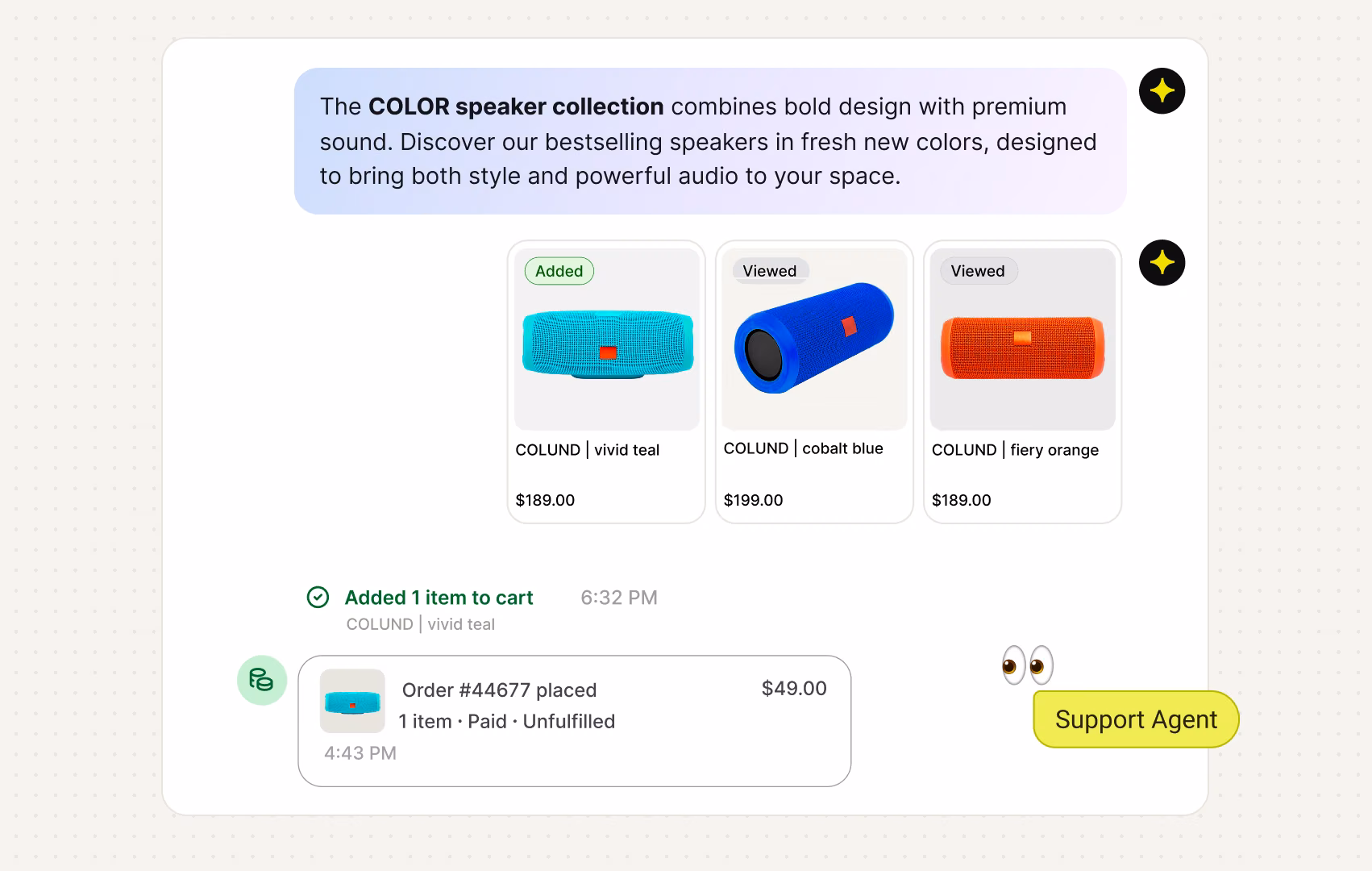 AI Agent recommending the COLOR speaker collection and confirming a Magento order in the same chat