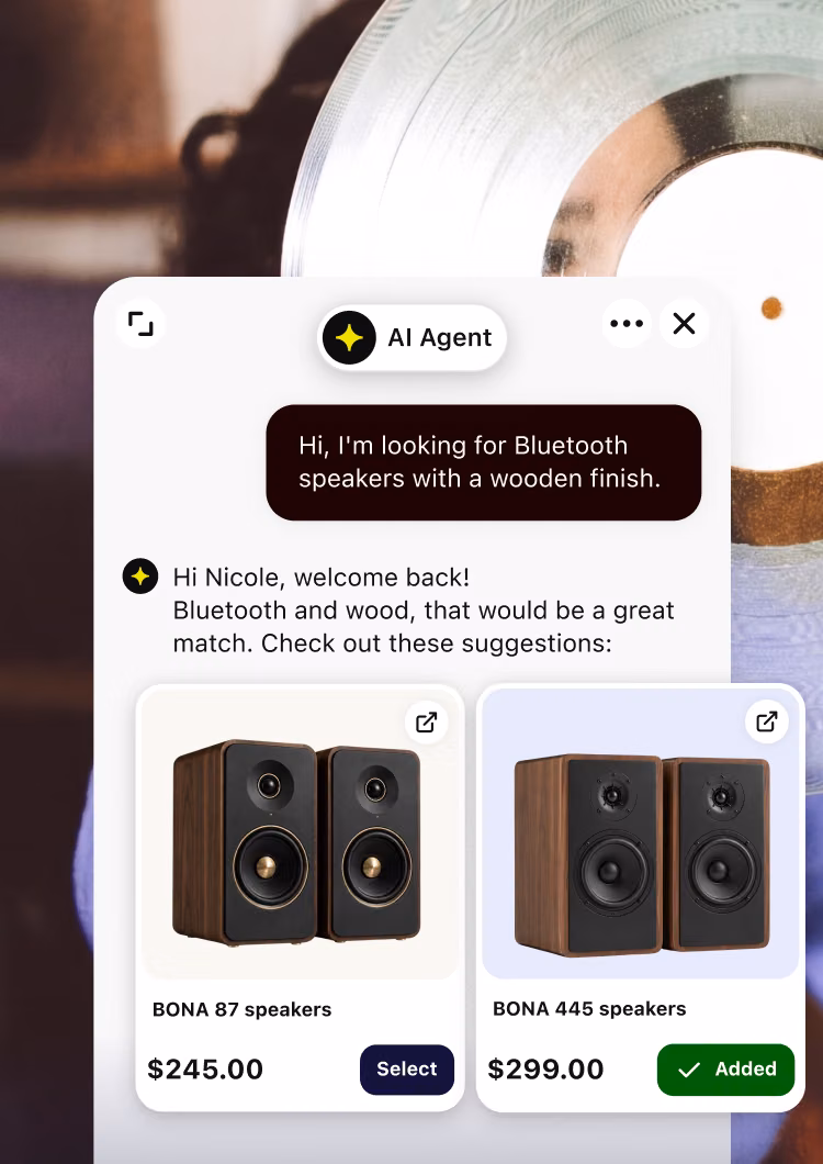 AI Agent recommending wooden Bluetooth speakers to a shopper mid-conversation on a Magento storefront