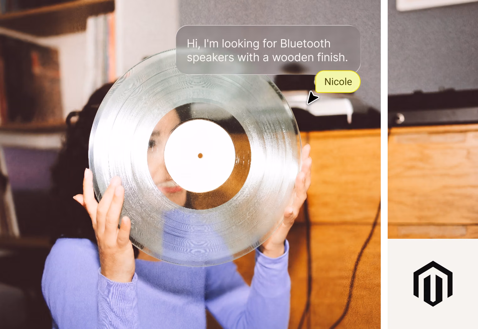 AI Agent recommending wooden Bluetooth speakers to a shopper mid-conversation on a Magento storefront