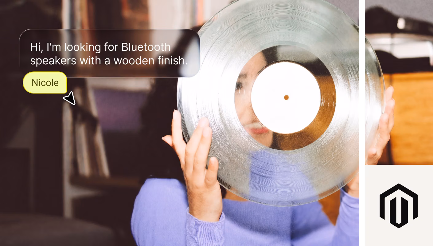 AI Agent recommending wooden Bluetooth speakers to a shopper mid-conversation on a Magento storefront