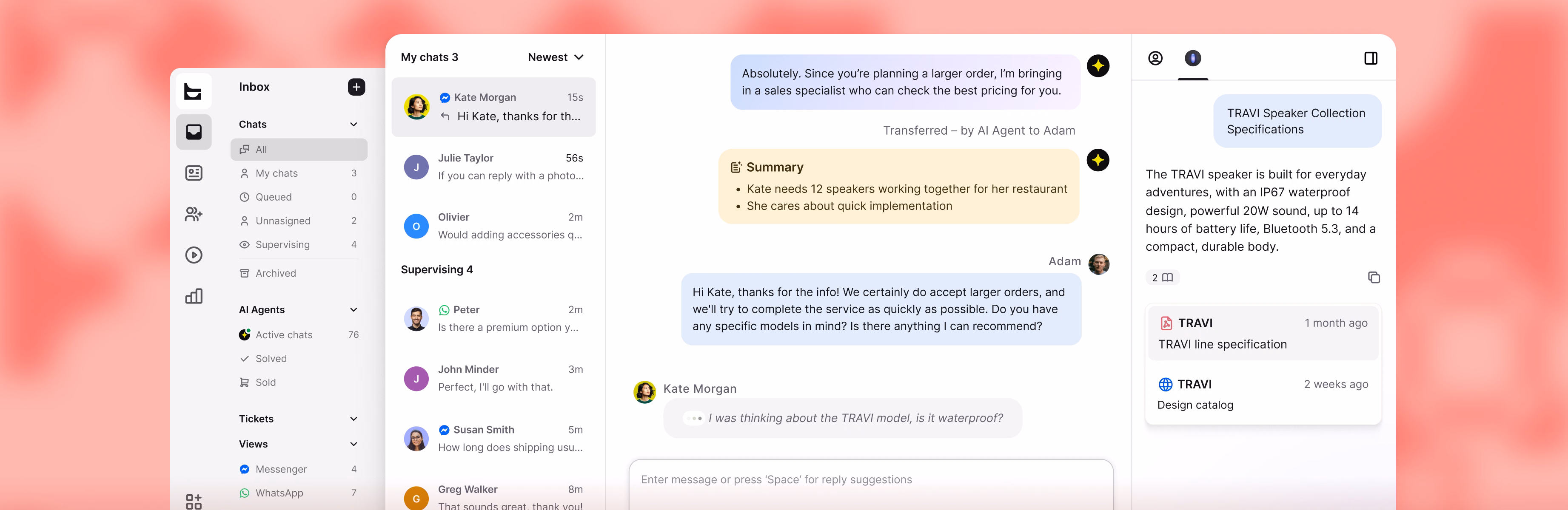 Unified inbox with Messenger and WhatsApp chats, a TRAVI speaker conversation, and product specs beside the thread
