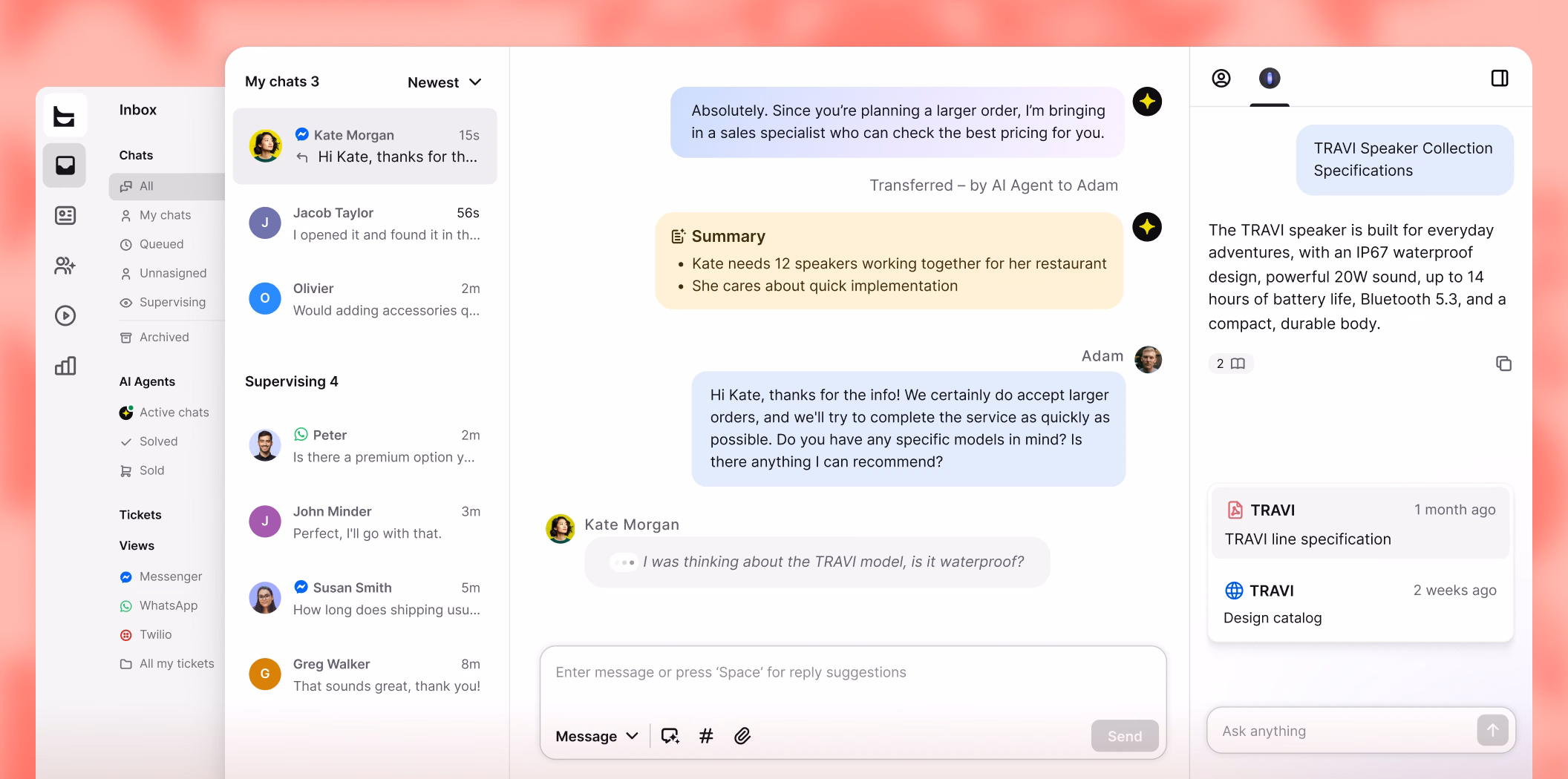 Unified inbox with Messenger and WhatsApp chats, a TRAVI speaker conversation, and product specs beside the thread