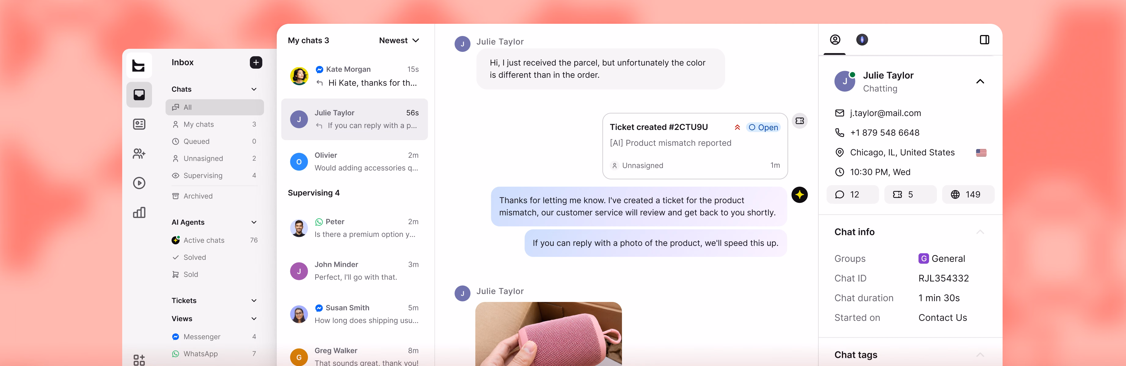Support ticket for a speaker color mismatch, with the Magento customer's chat and profile visible alongside