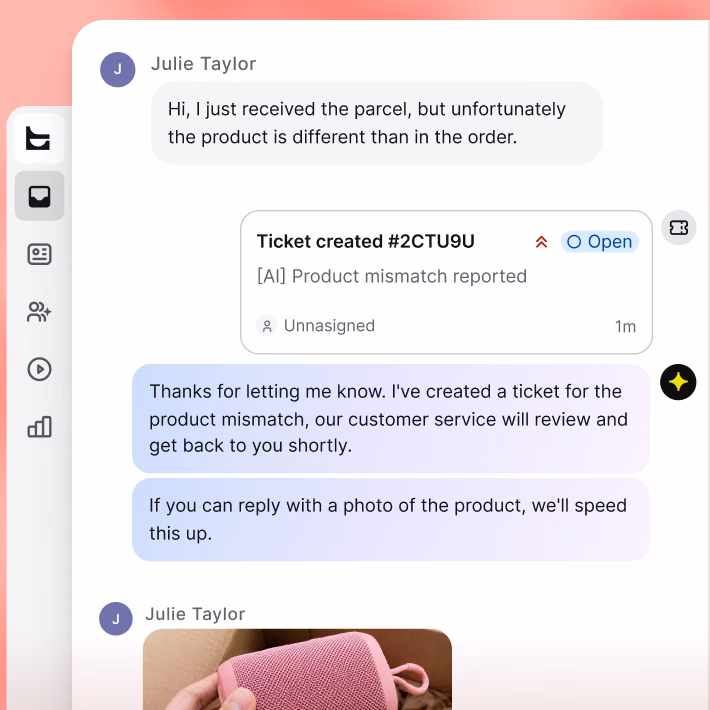 Support ticket for a speaker color mismatch, with the Magento customer's chat and profile visible alongside