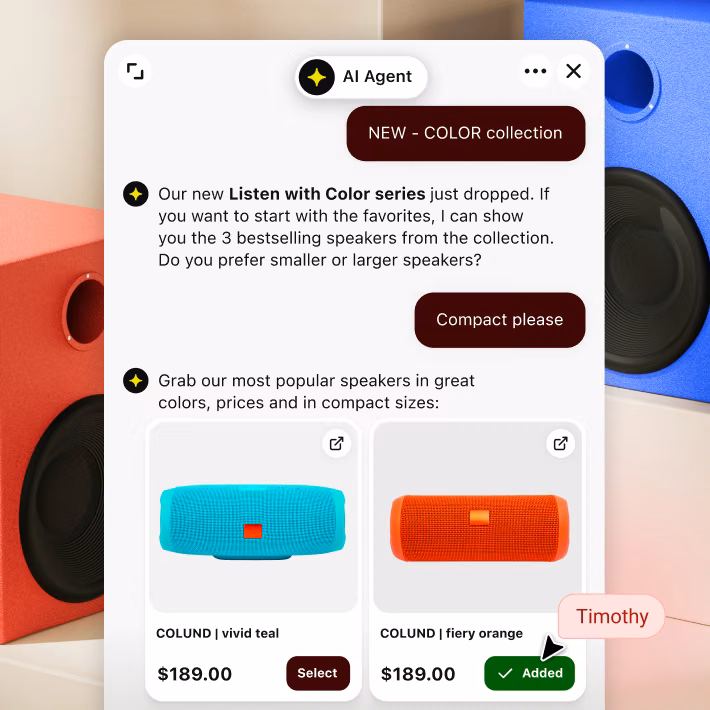 AI Agent recommending COLUND portable speakers in teal, cobalt, and orange from the live Magento catalog