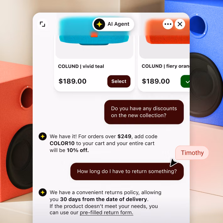 AI Agent offering a COLOR10 discount code and answering a 30-day returns question in the same conversation
