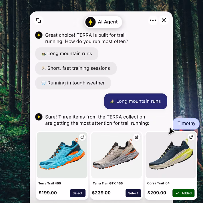 AI Agent asking a shopper about their running style and recommending matching trail shoes