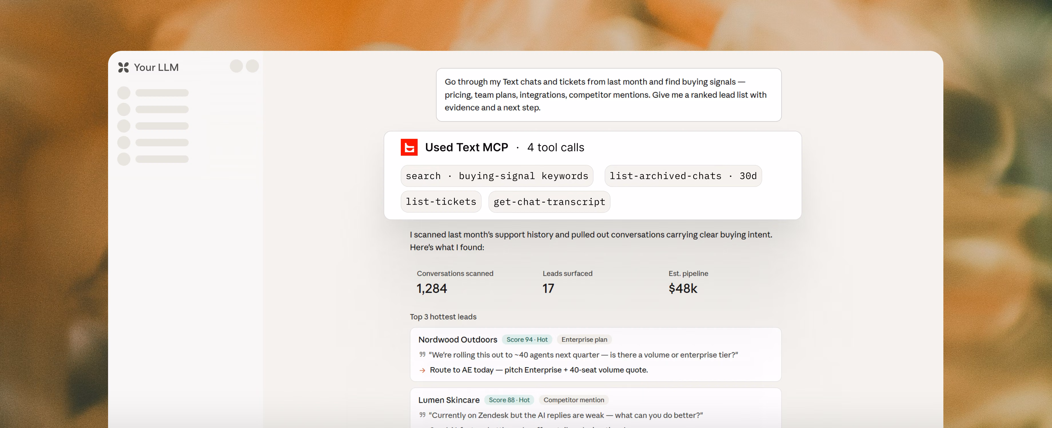 AI chat interface using Text MCP tool calls to scan chats and tickets, surfacing a ranked list of hottest leads with estimated pipeline value