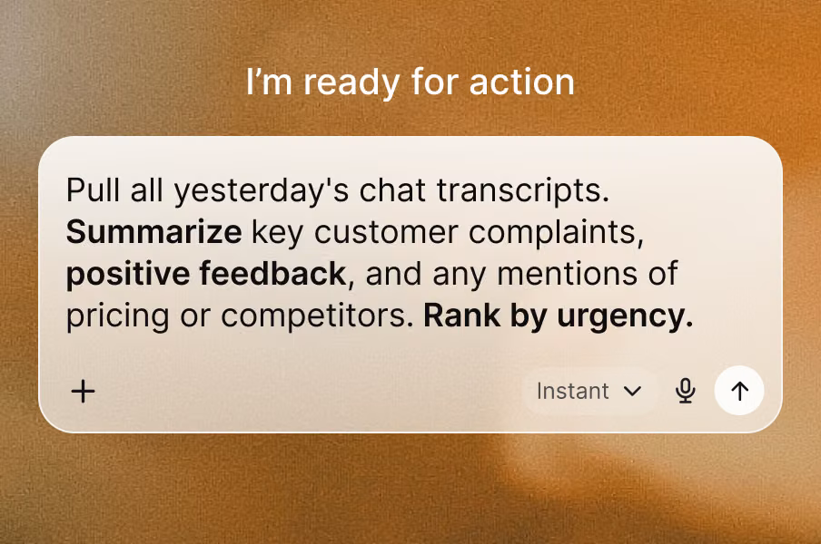 AI assistant prompt box asking to pull chat transcripts and summarize complaints, feedback, and pricing mentions ranked by urgency