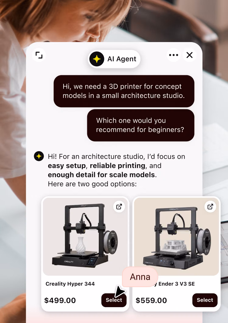 AI Agent recommending 3D printers from a live Medusa catalog, with product cards and pricing