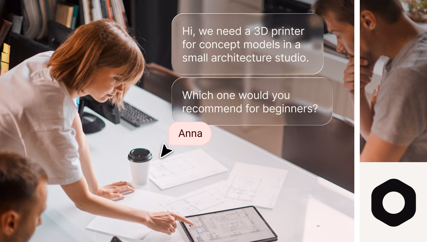 AI Agent recommending 3D printers from a live Medusa catalog, with product cards and pricing
