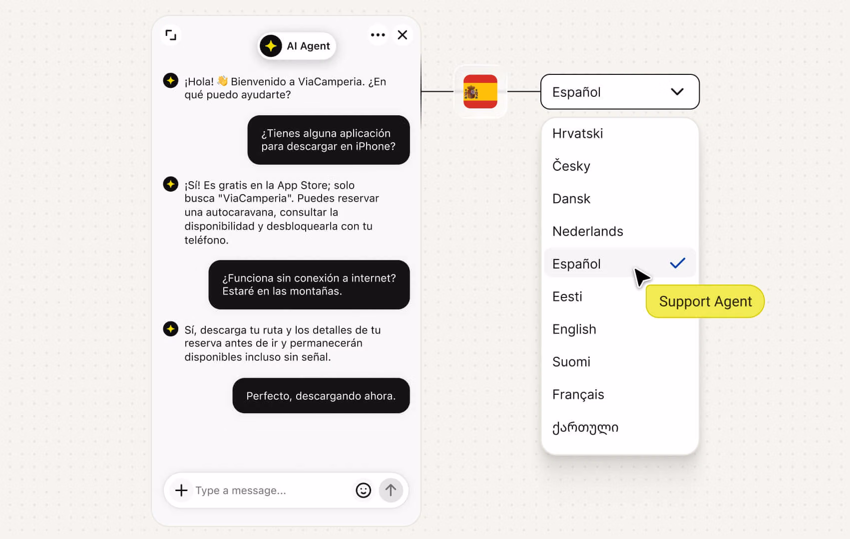 Webflow chatbot answering an order question in Spanish with a language selector