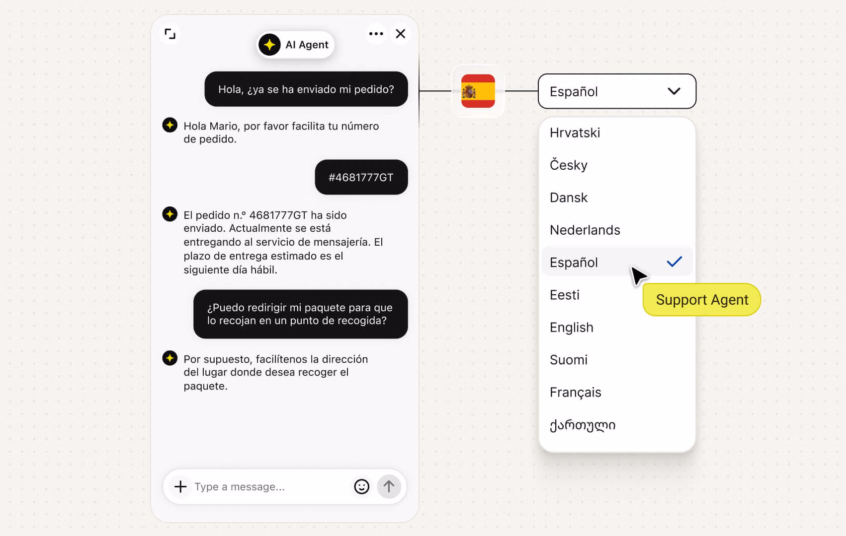 AI agent for Shopify answering order questions in Spanish with language selection