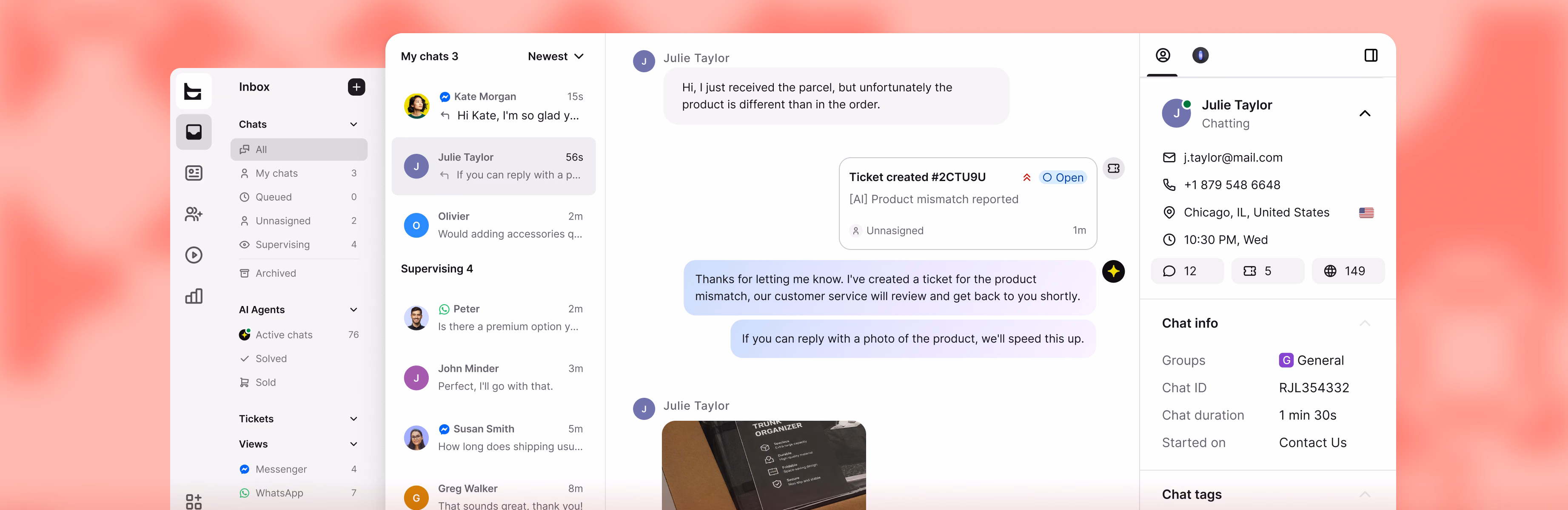 AI Agent creating a support ticket for a product mismatch report from a chat conversation