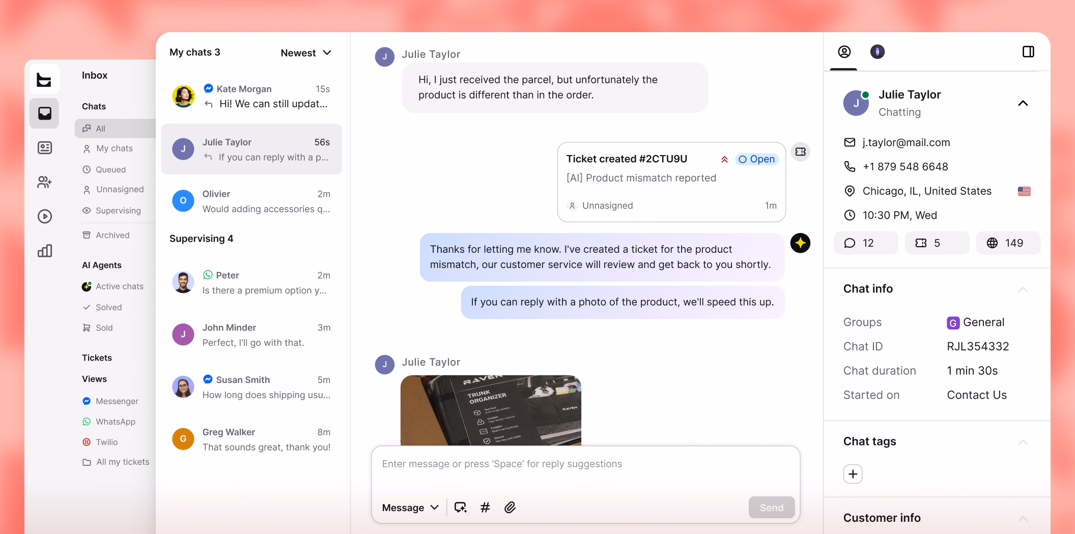 AI Agent creating a support ticket for a product mismatch report from a chat conversation