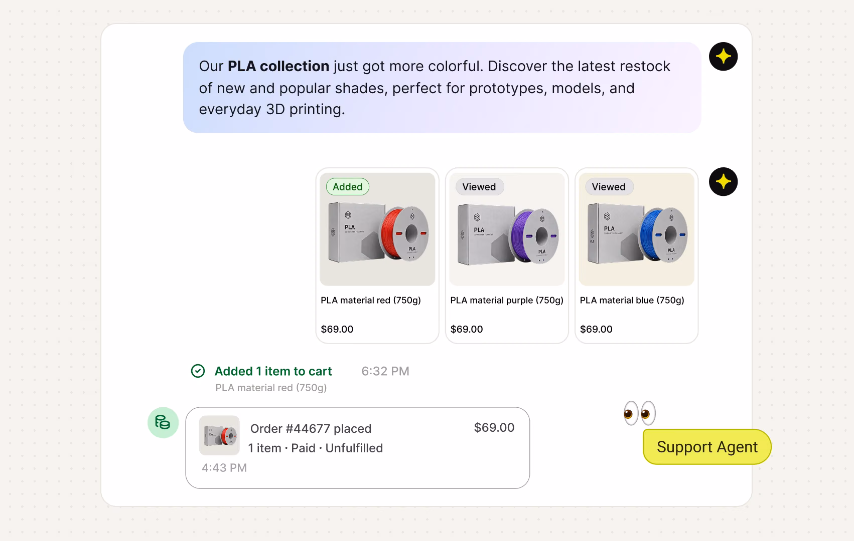 AI Agent campaign card showing viewed and added products alongside an order confirmation notification