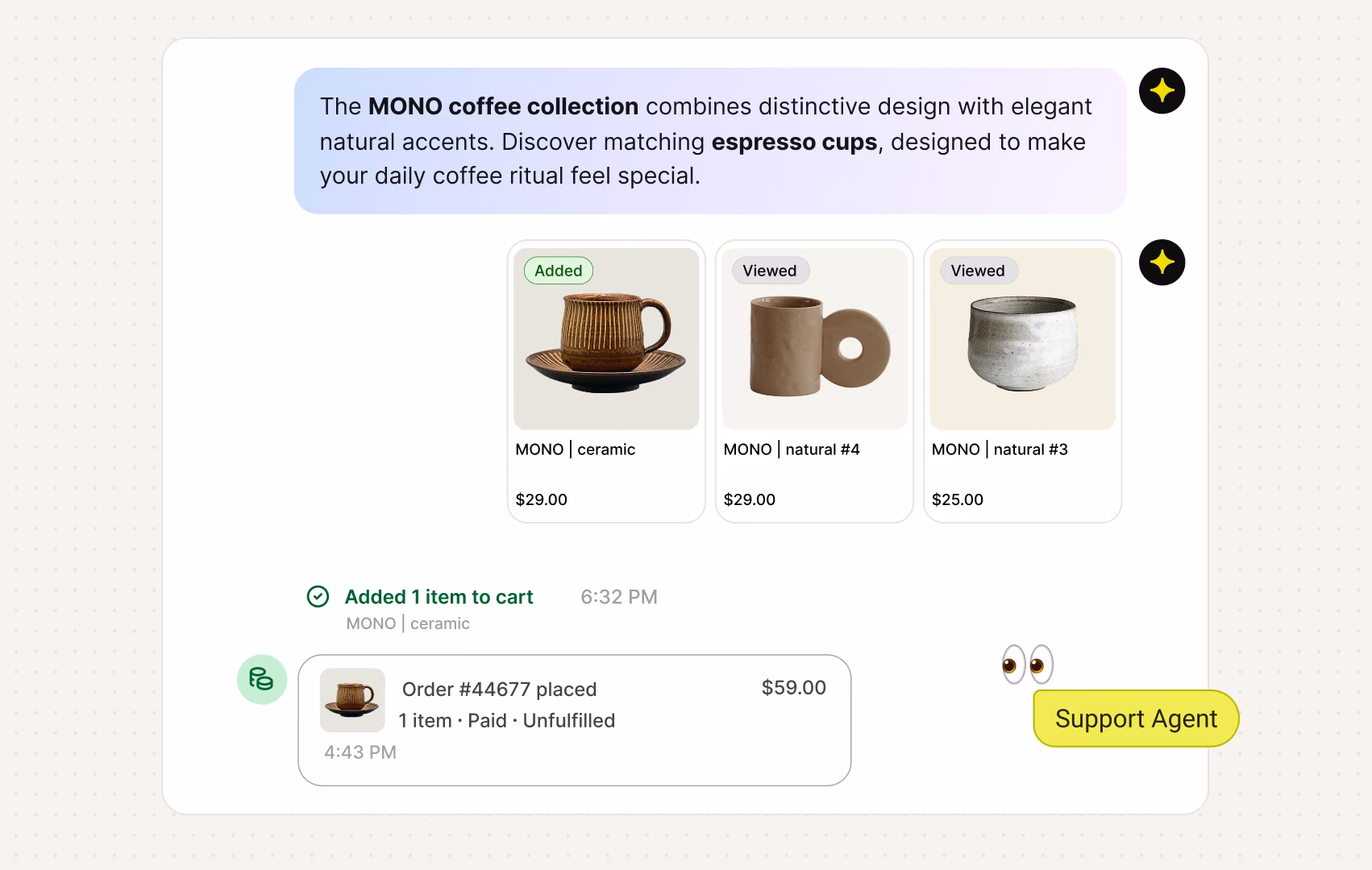 AI Agent recommending a matching coffee collection and confirming a placed order in the same chat