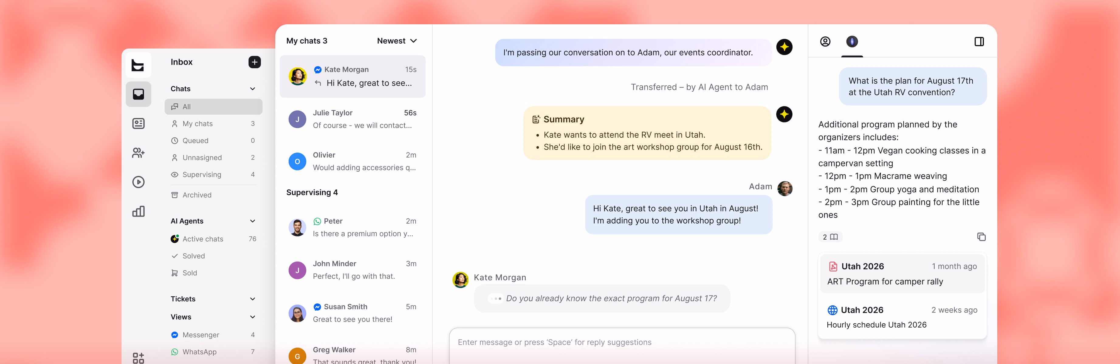 Webflow customer support inbox combining Messenger, WhatsApp, and website chats