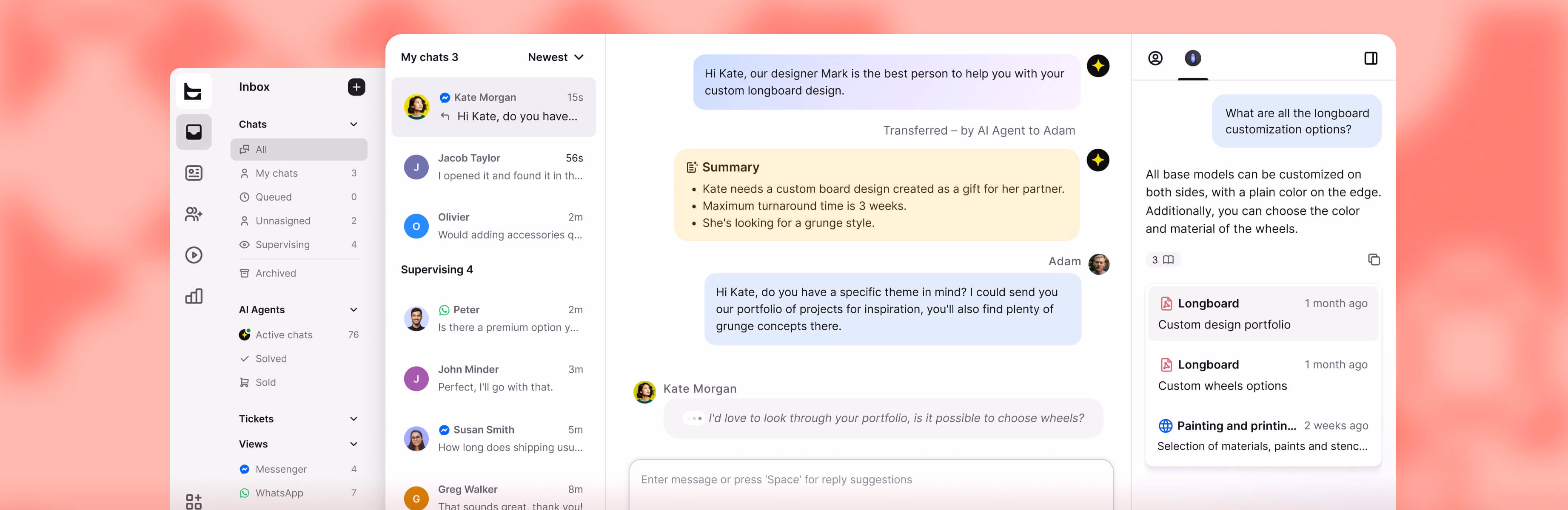 Live chat for WooCommerce shown alongside Messenger and WhatsApp conversations in one omnichannel inbox