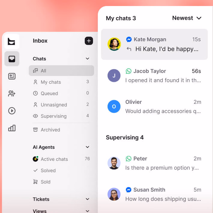 Live chat for WooCommerce shown alongside Messenger and WhatsApp conversations in one omnichannel inbox
