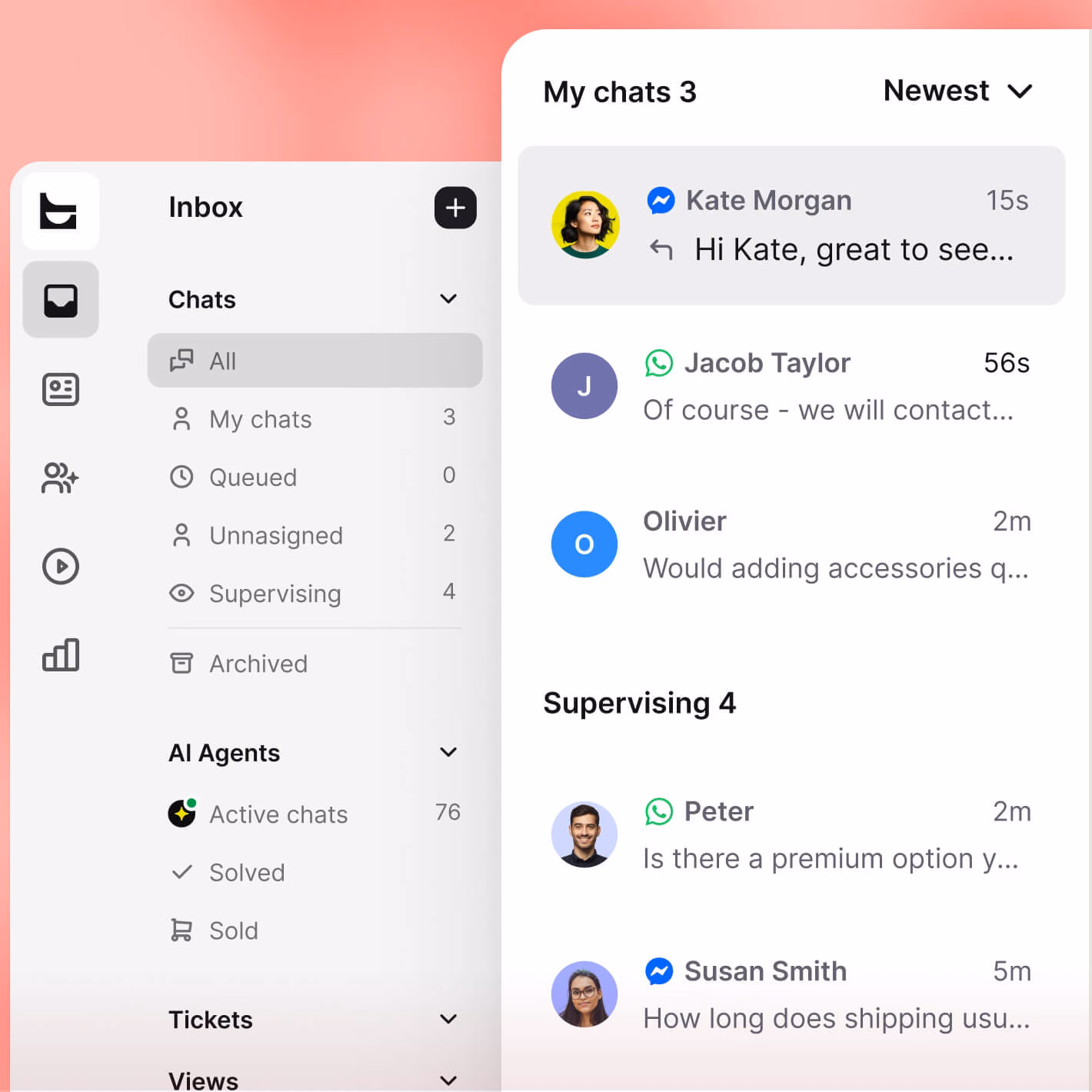 Webflow customer support inbox combining Messenger, WhatsApp, and website chats
