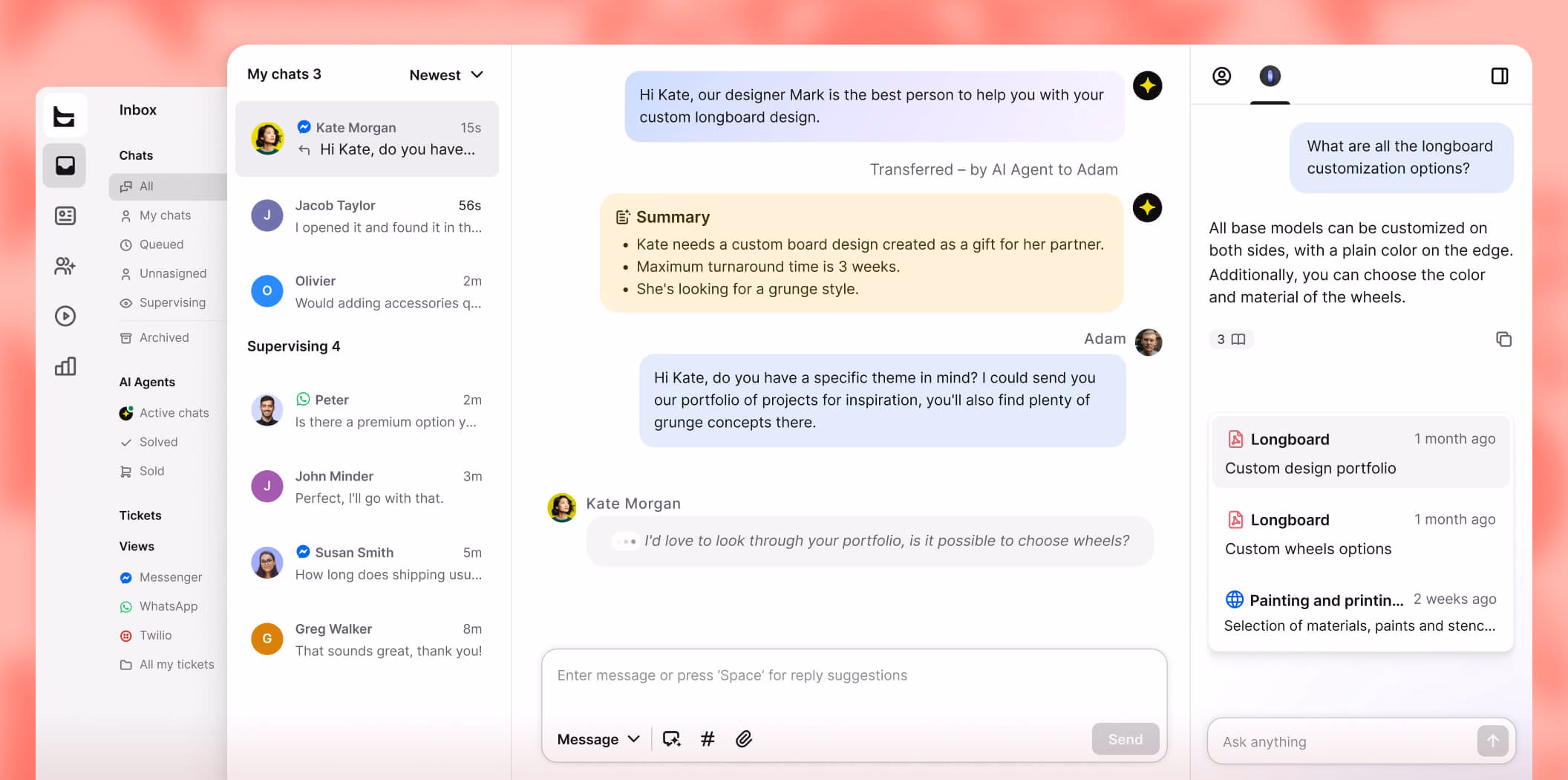 Live chat for WooCommerce shown alongside Messenger and WhatsApp conversations in one omnichannel inbox