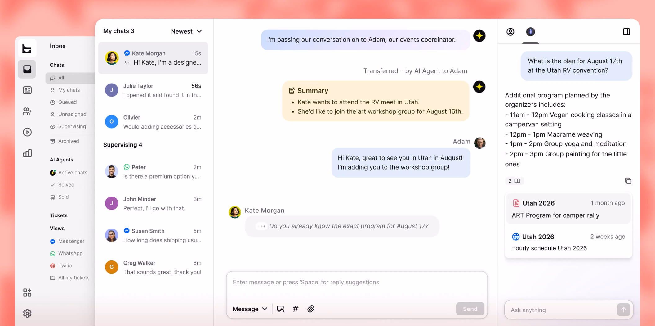 Webflow customer support inbox combining Messenger, WhatsApp, and website chats