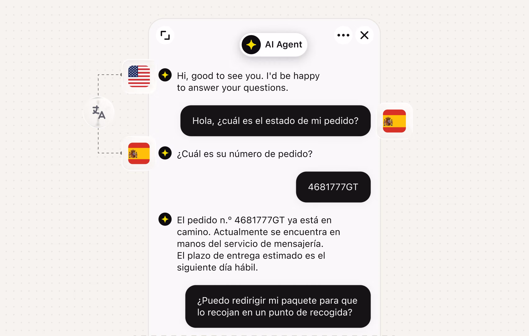 AI Agent answering an order status question in Spanish after a shopper switched languages mid-chat
