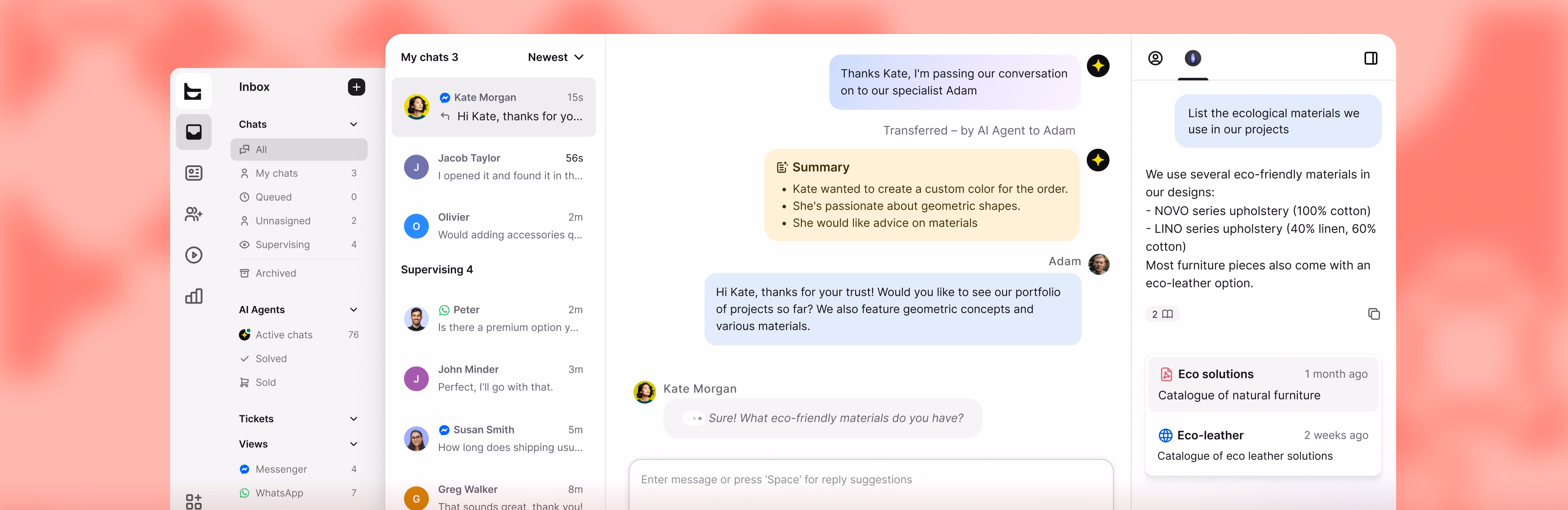 Unified inbox with an AI Agent handing off a chat to a human agent, including a conversation summary