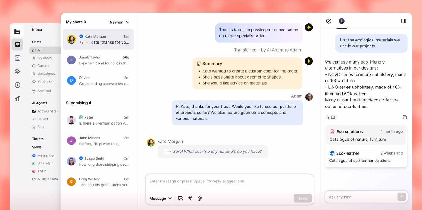 Unified inbox with an AI Agent handing off a chat to a human agent, including a conversation summary