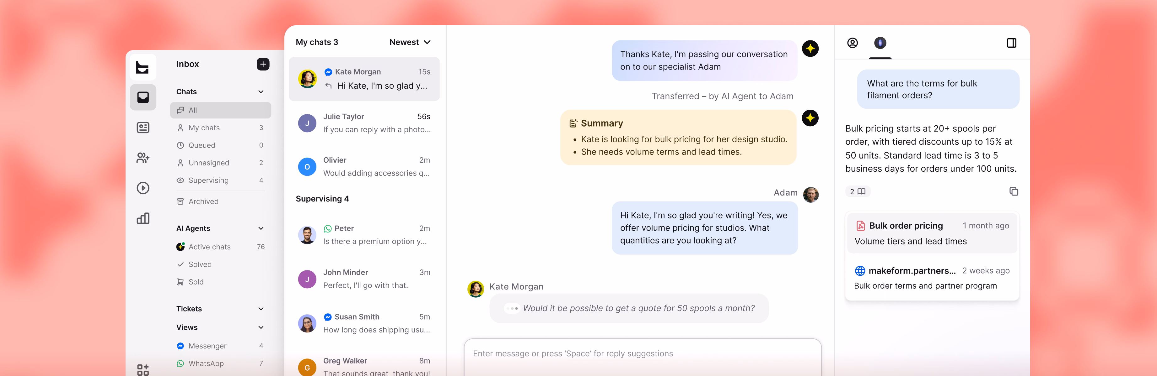 Unified inbox with an AI Agent handing off a chat to a human agent, including a conversation summary