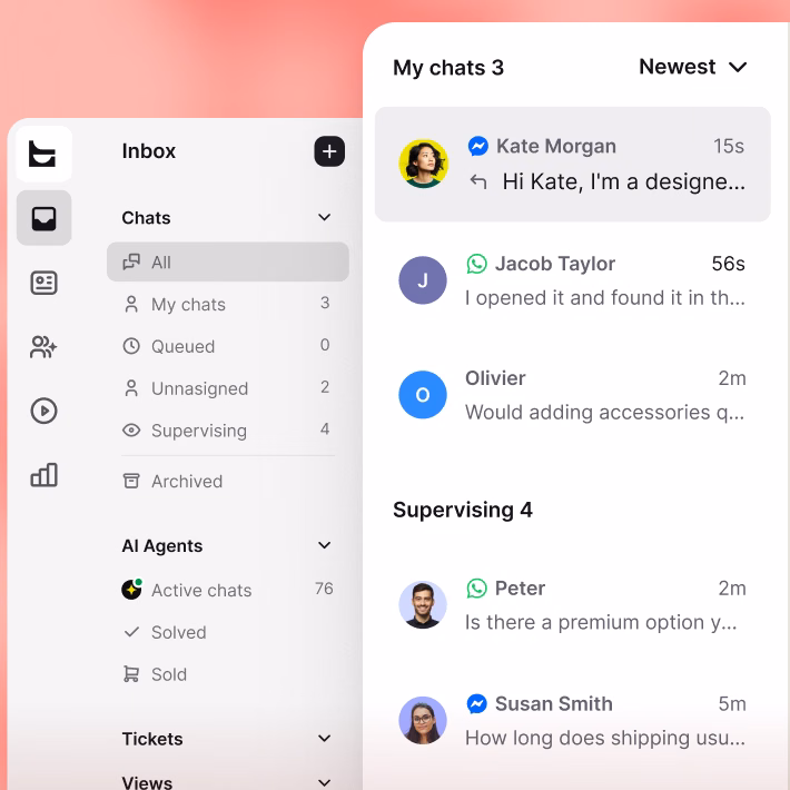 Unified inbox with an AI Agent handing off a chat to a human agent, including a conversation summary