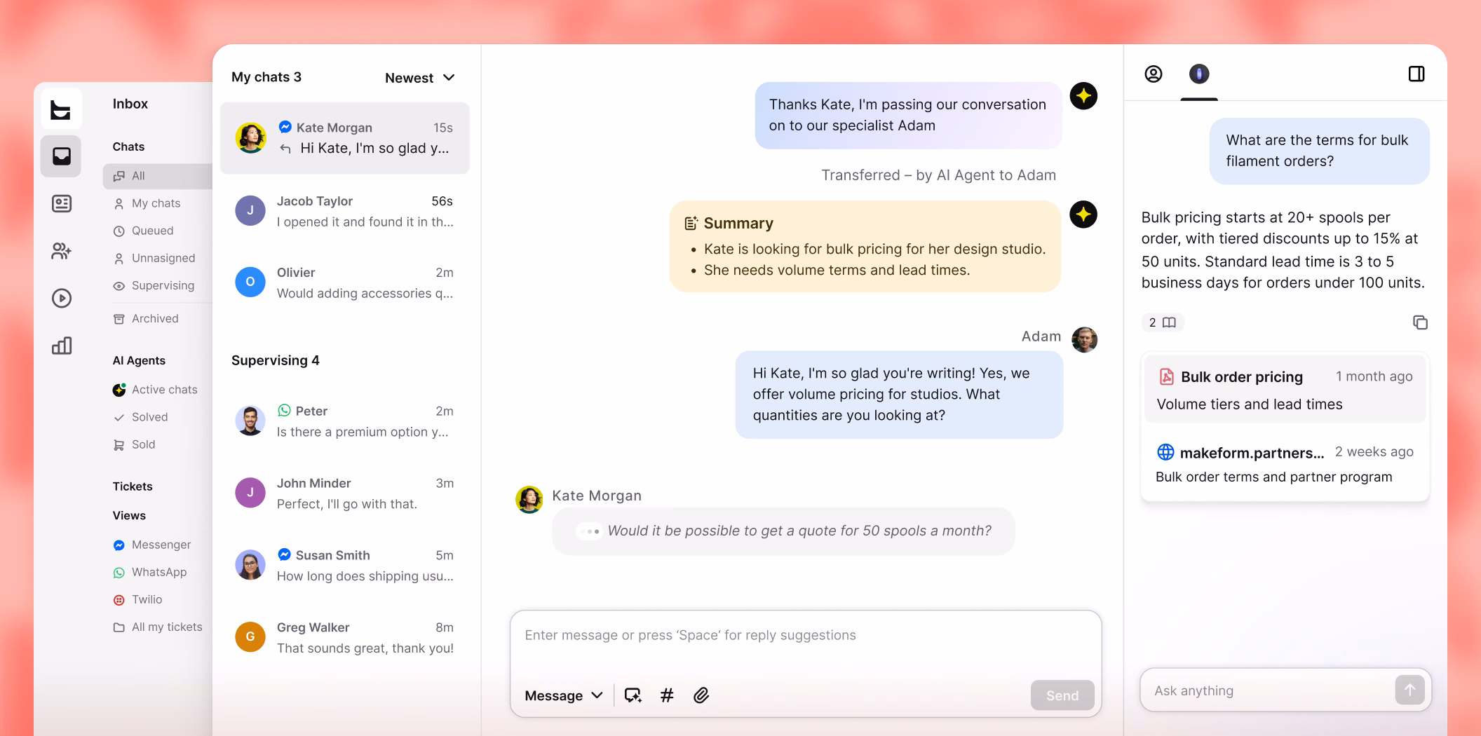 Unified inbox with an AI Agent handing off a chat to a human agent, including a conversation summary