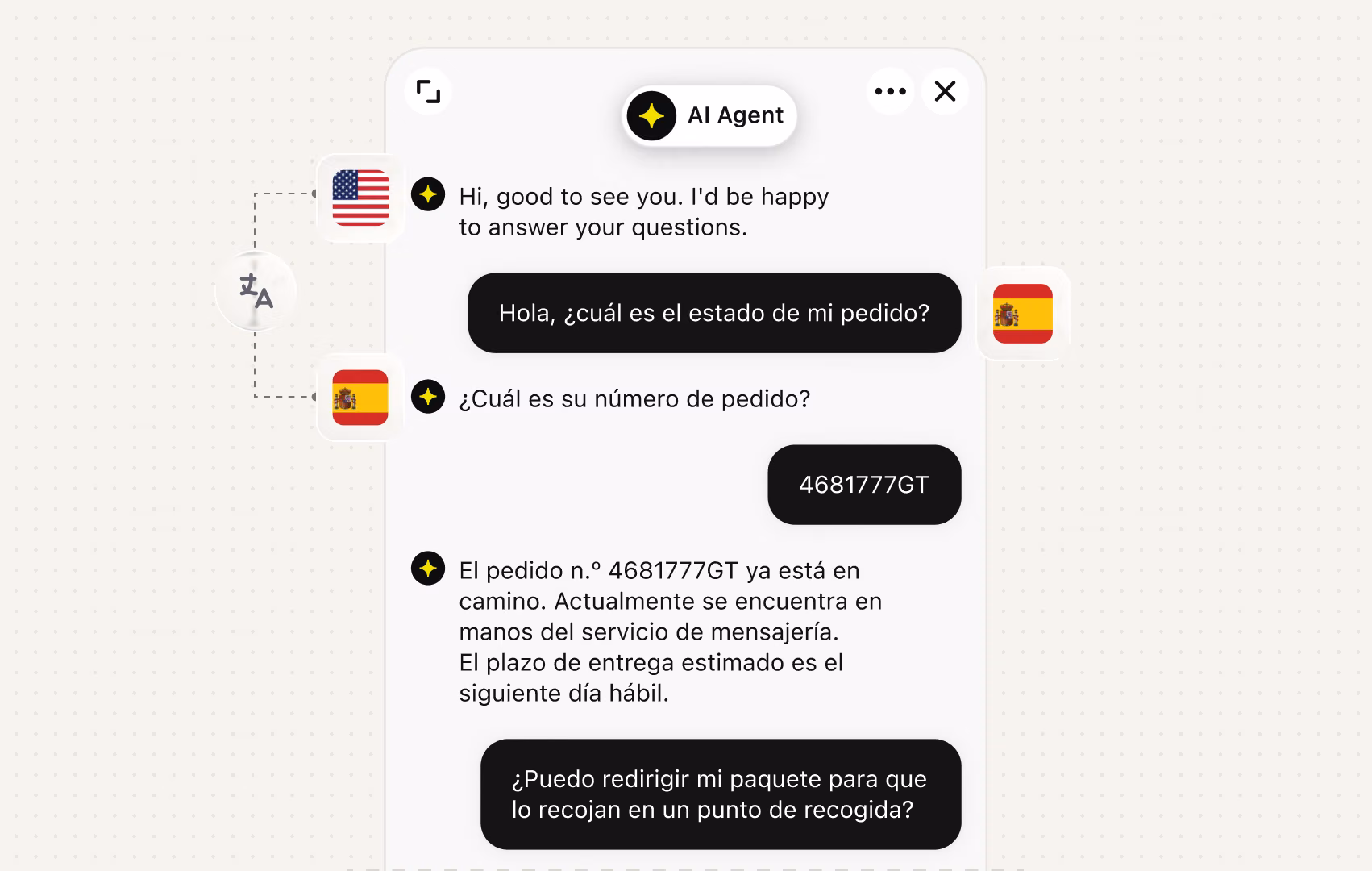 AI Agent answering an order status question in Spanish after a shopper switched languages mid-chat