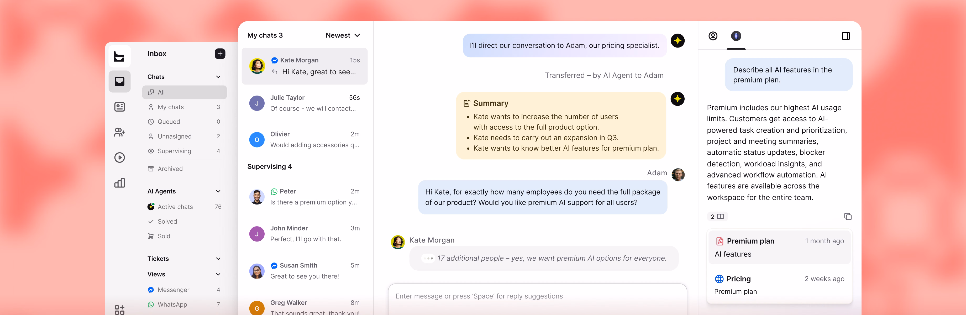 Text inbox with chats from Messenger and WhatsApp, an AI Agent transfer summary and an AI assistant answer in the side panel