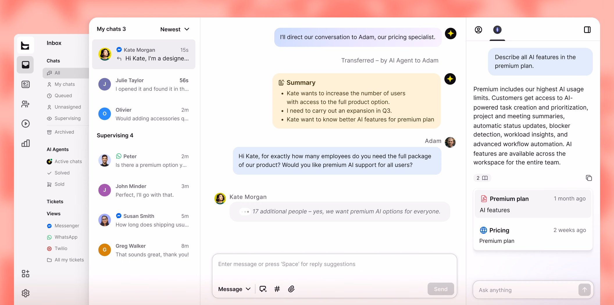 Text inbox with chats from Messenger and WhatsApp, an AI Agent transfer summary and an AI assistant answer in the side panel