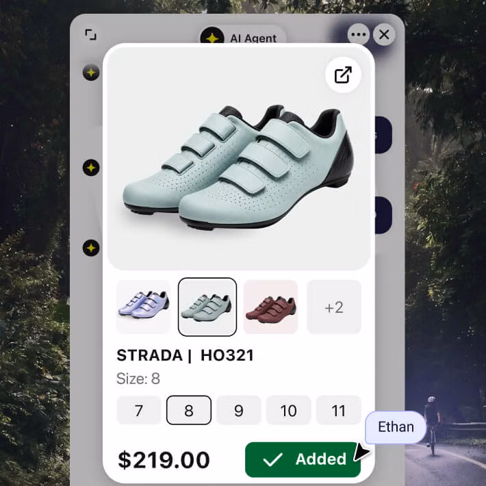 Shopify product card in chat showing shoe variants, sizes, and an added item