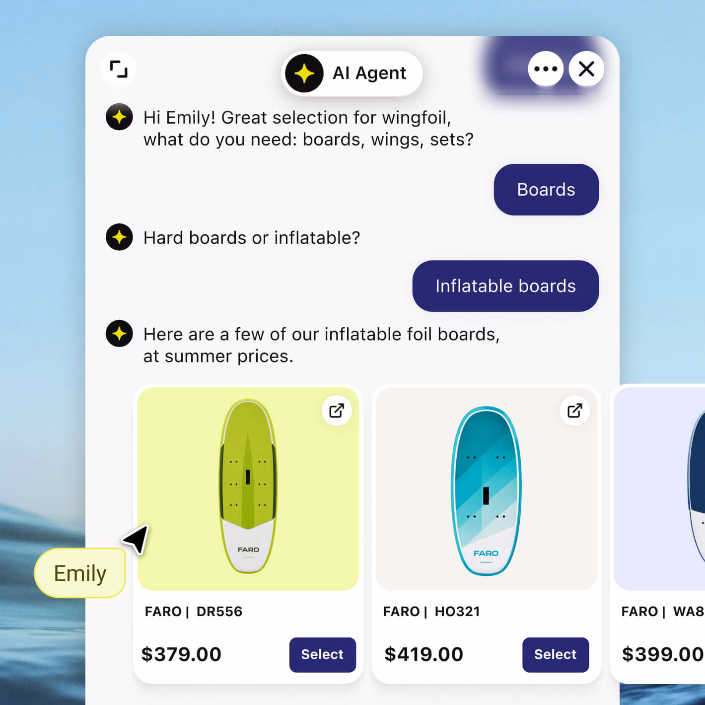 WooCommerce chatbot helping a shopper choose an inflatable foil board in a live chat conversation