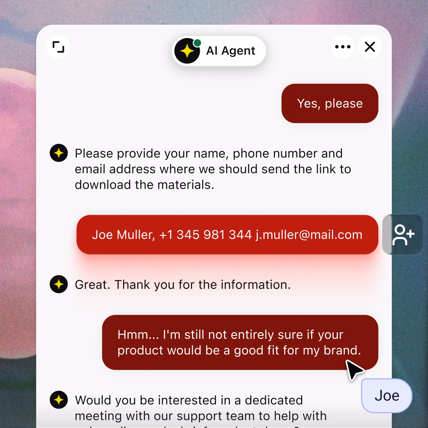 AI Agent chat collecting a visitor's name, phone and email, with a New contact created label, Salesforce icon and contact card for Joe Muller