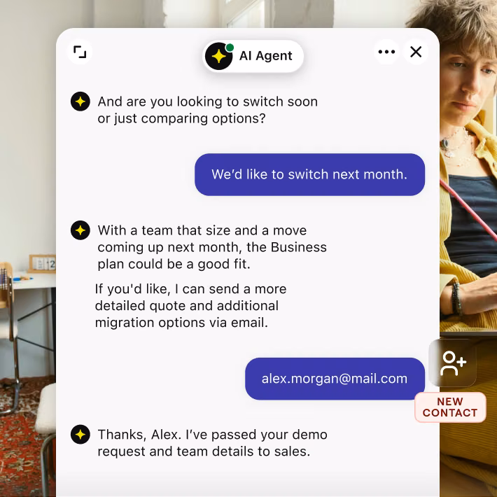 AI Agent chat qualifying a lead with a Lead Qualified summary of team size, timeline, and budget