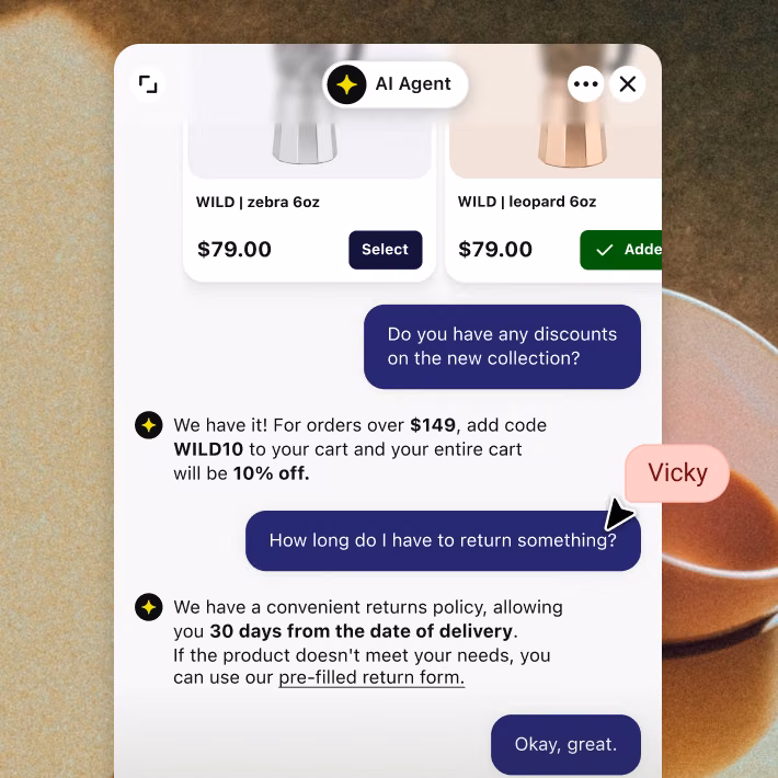 AI Agent offering a discount code and answering a returns policy question in the same conversation