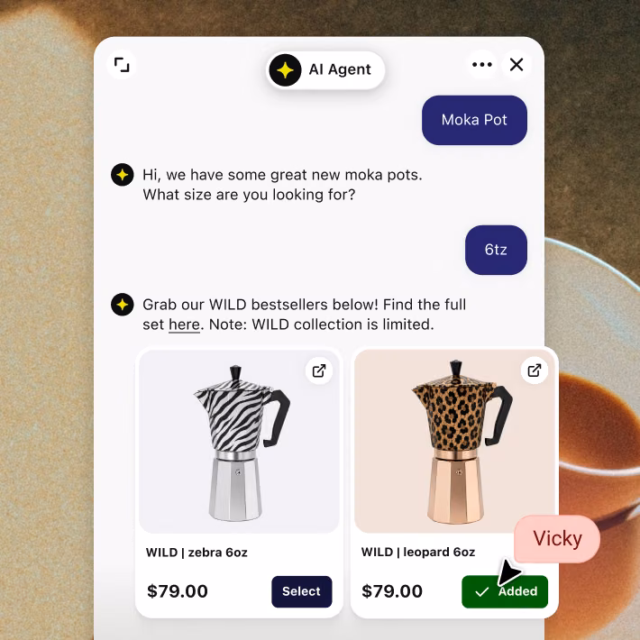 AI Agent asking about moka pot size and recommending matching products from the WILD collection