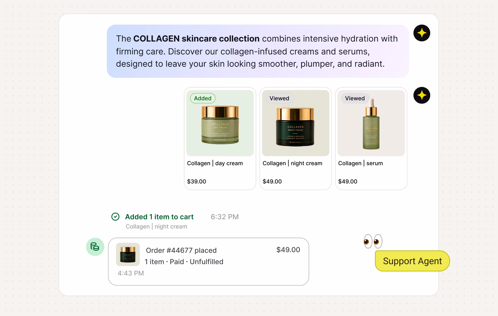 AI Agent recommending the collagen collection and confirming a placed order in the same chat