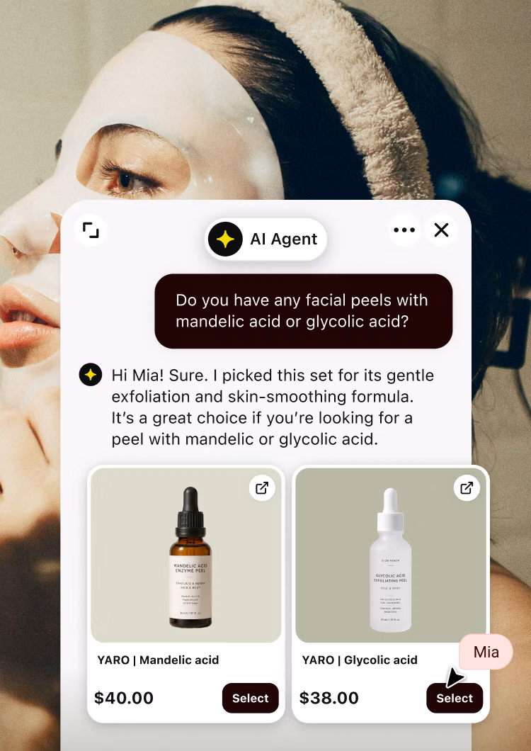 AI Agent recommending YARO mandelic and glycolic acid peels from a live Salesforce Commerce Cloud catalog