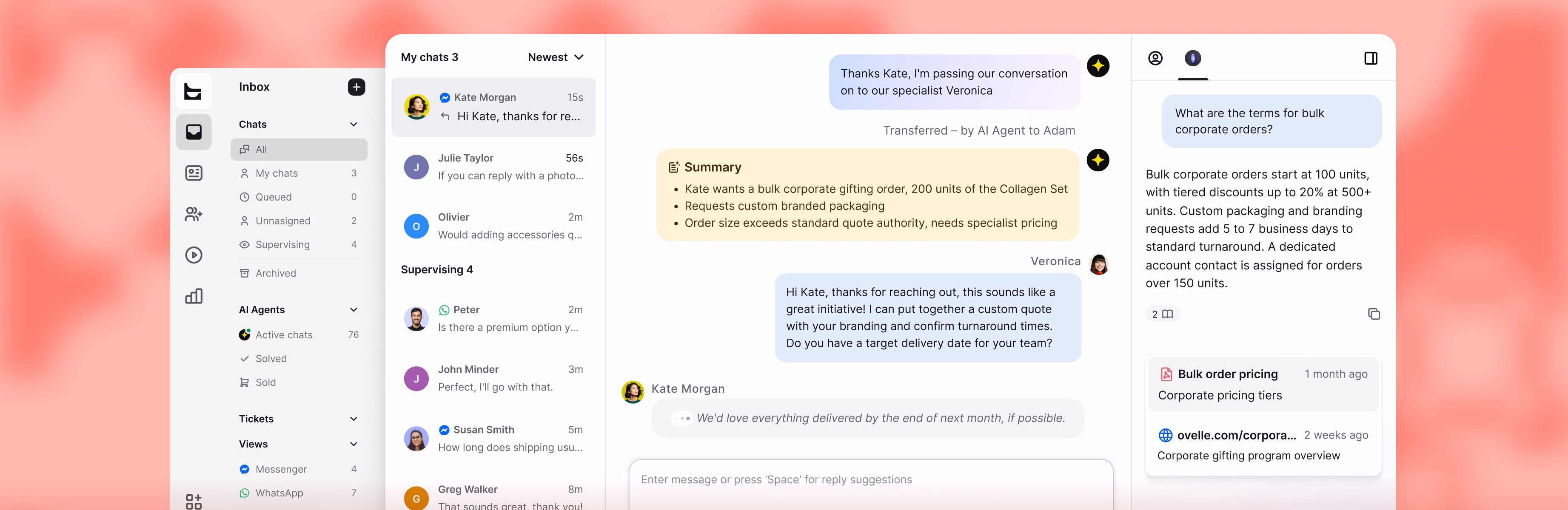 Unified inbox with Messenger and WhatsApp chats, an AI conversation summary, and related bulk-order resources beside the thread
