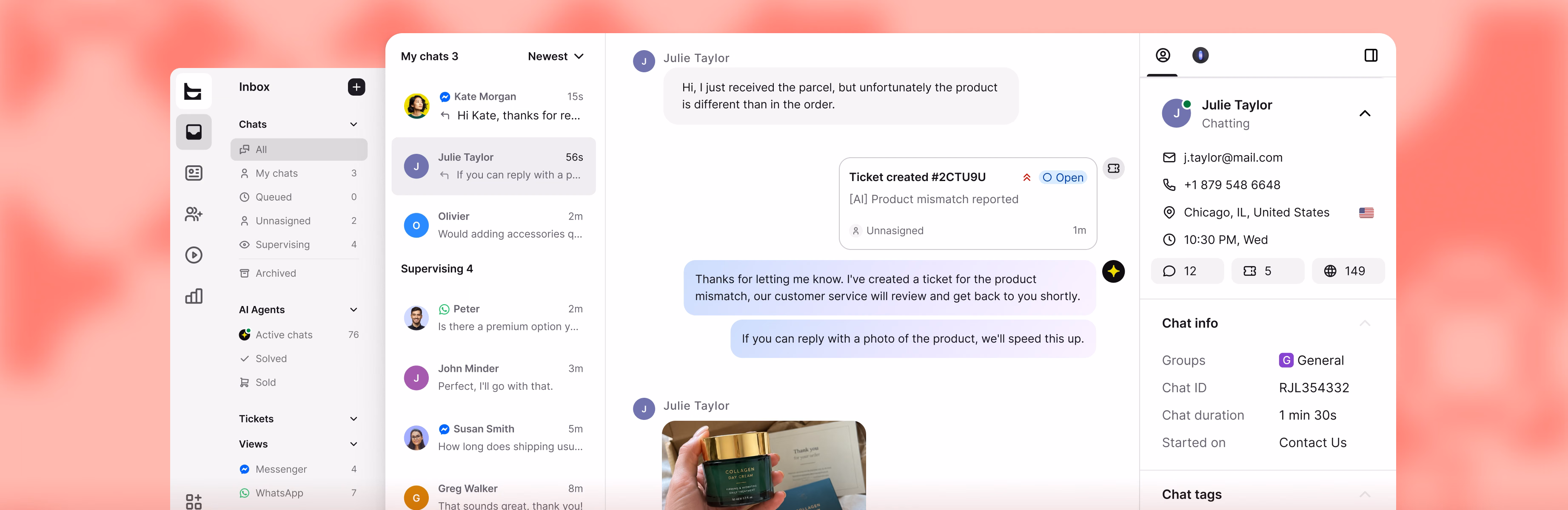 AI Agent creating a support ticket for a product mismatch, with the customer's chat and profile visible alongside