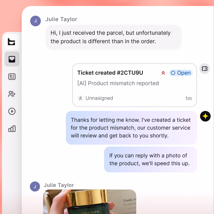 AI Agent creating a support ticket for a product mismatch, with the customer's chat and profile visible alongside