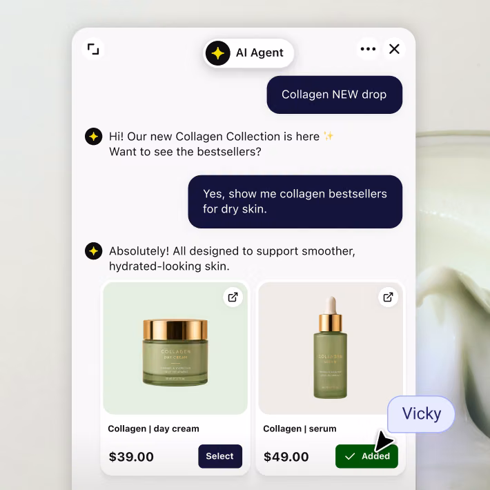 AI Agent recommending collagen day cream, night cream, and serum after a shopper asks for bestsellers for dry skin
