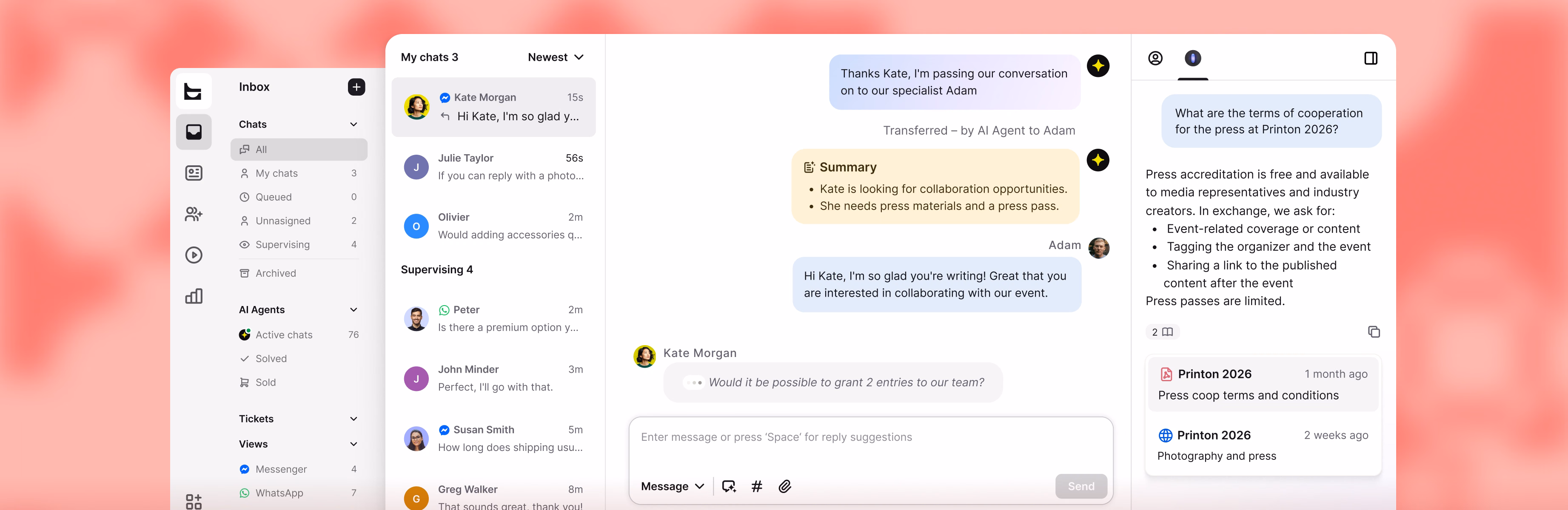 Unified inbox with Messenger and WhatsApp chats, an AI conversation summary, and related resources beside the thread